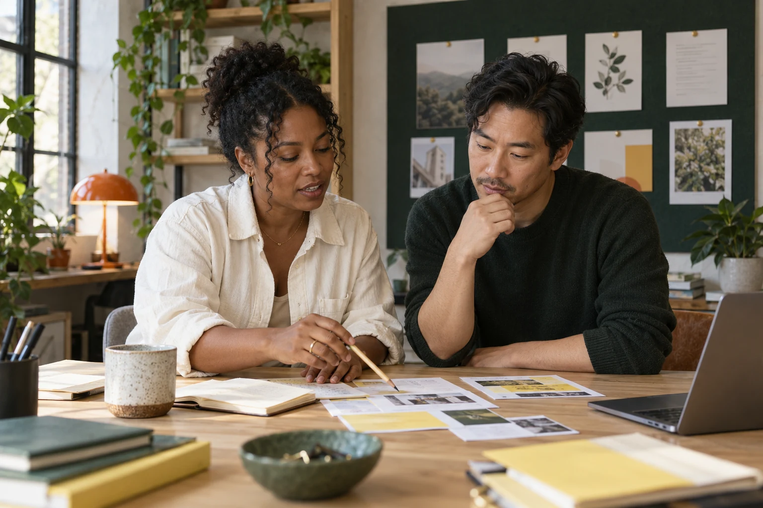 Illustrative brand image: a founder and revenue operator reviewing research together in a sunlit working studio