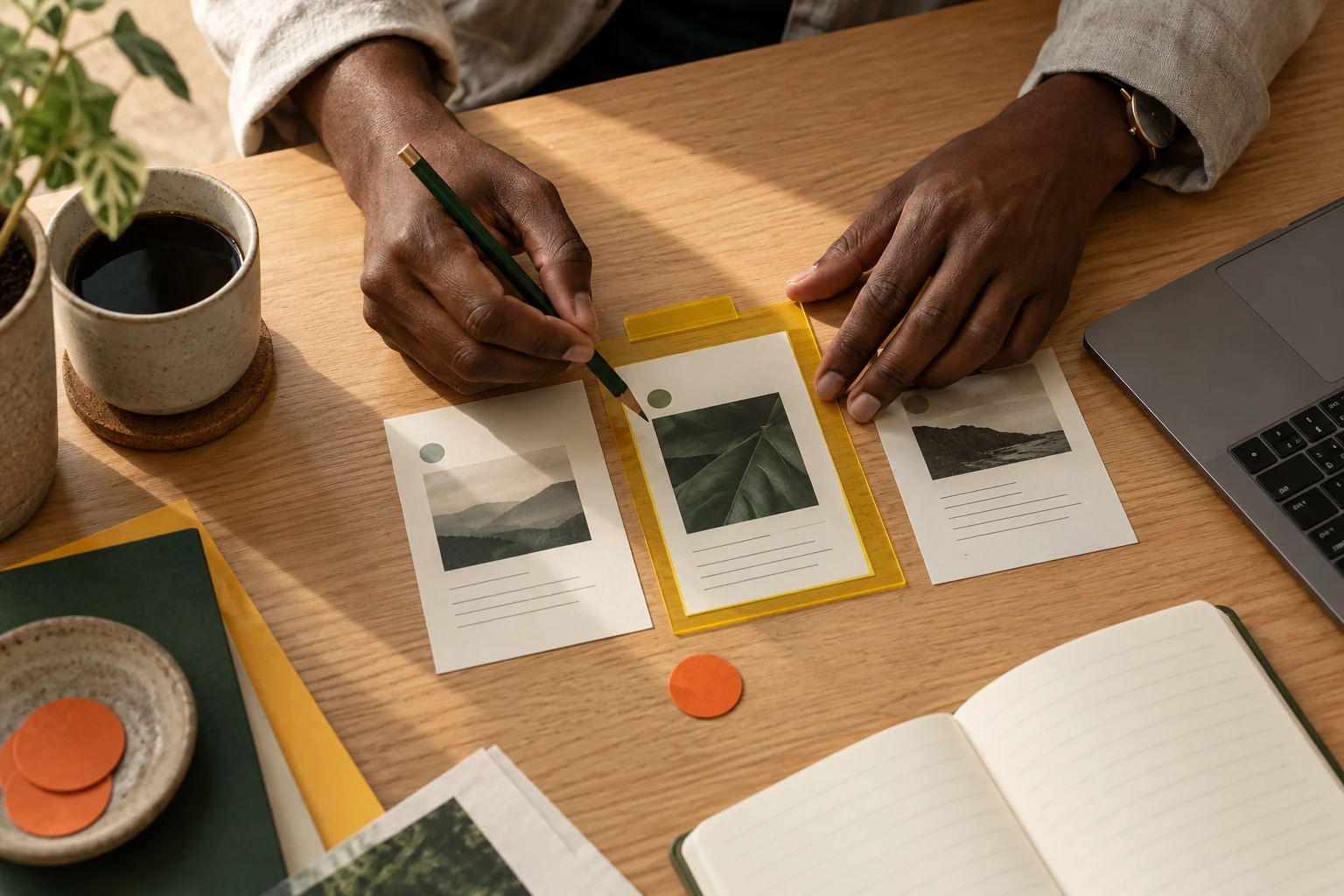 Illustrative brand image: hands reviewing prospect research cards at a workbench