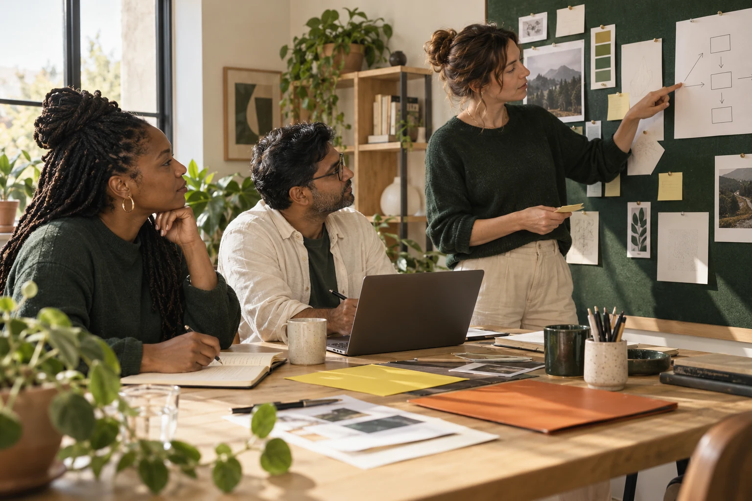 Illustrative brand image: three operators coordinating work around a shared plan
